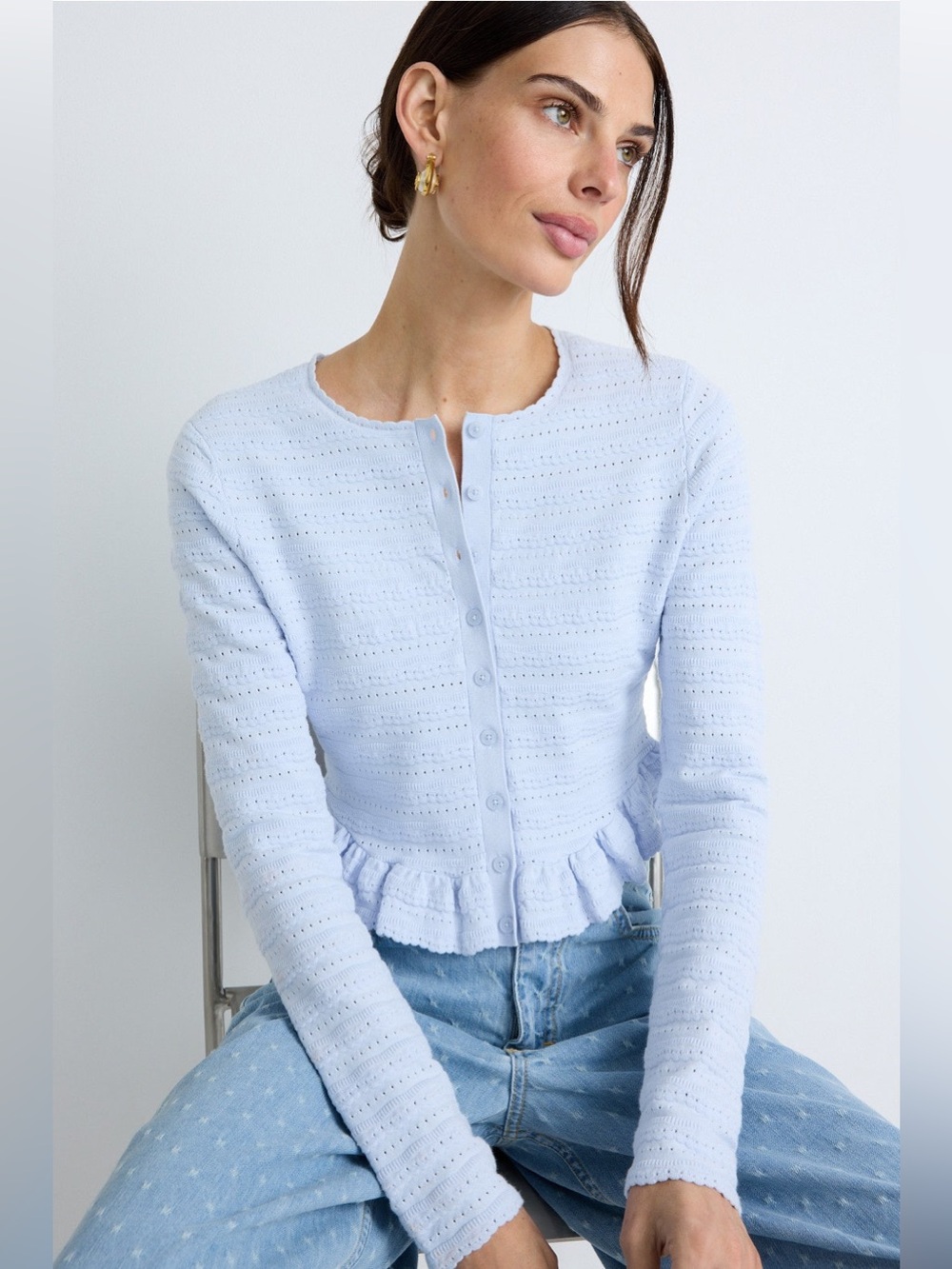 LoveShackFancy Rogan Cardigan Ruffle hem blue button up size S.